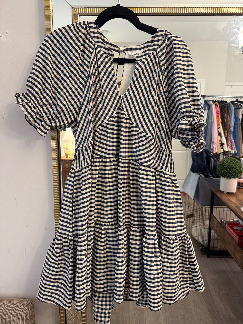 Black & White Gingham Tiered Mini Dress with Puff Sleeves